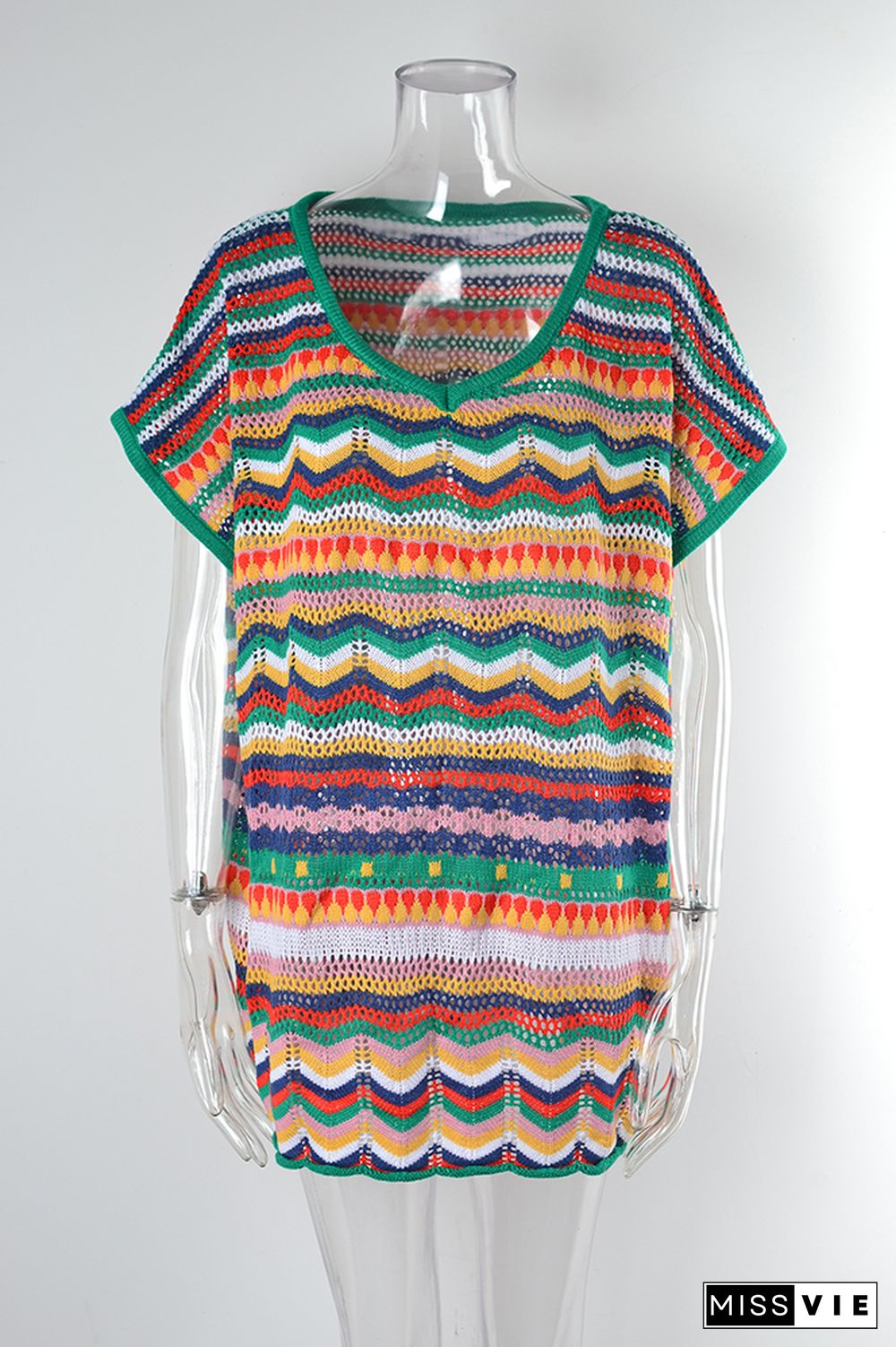 V Neck Multicolor Hollow Out Knit Cover Up Beach Dress