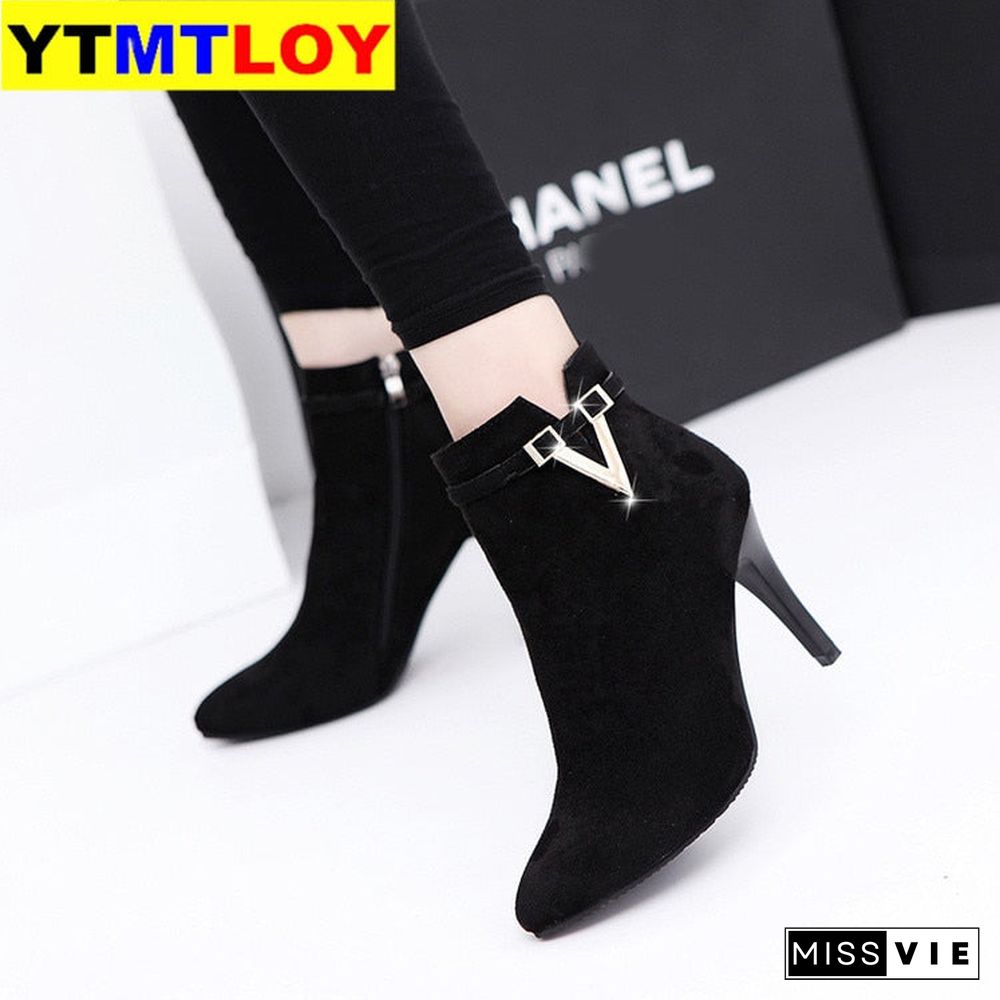 New Women Boots Ankle Pu Leather Zipper Booties High Heels Autumn Shoes Black Winter Boots Zapatos De Mujer  Pointed Toe