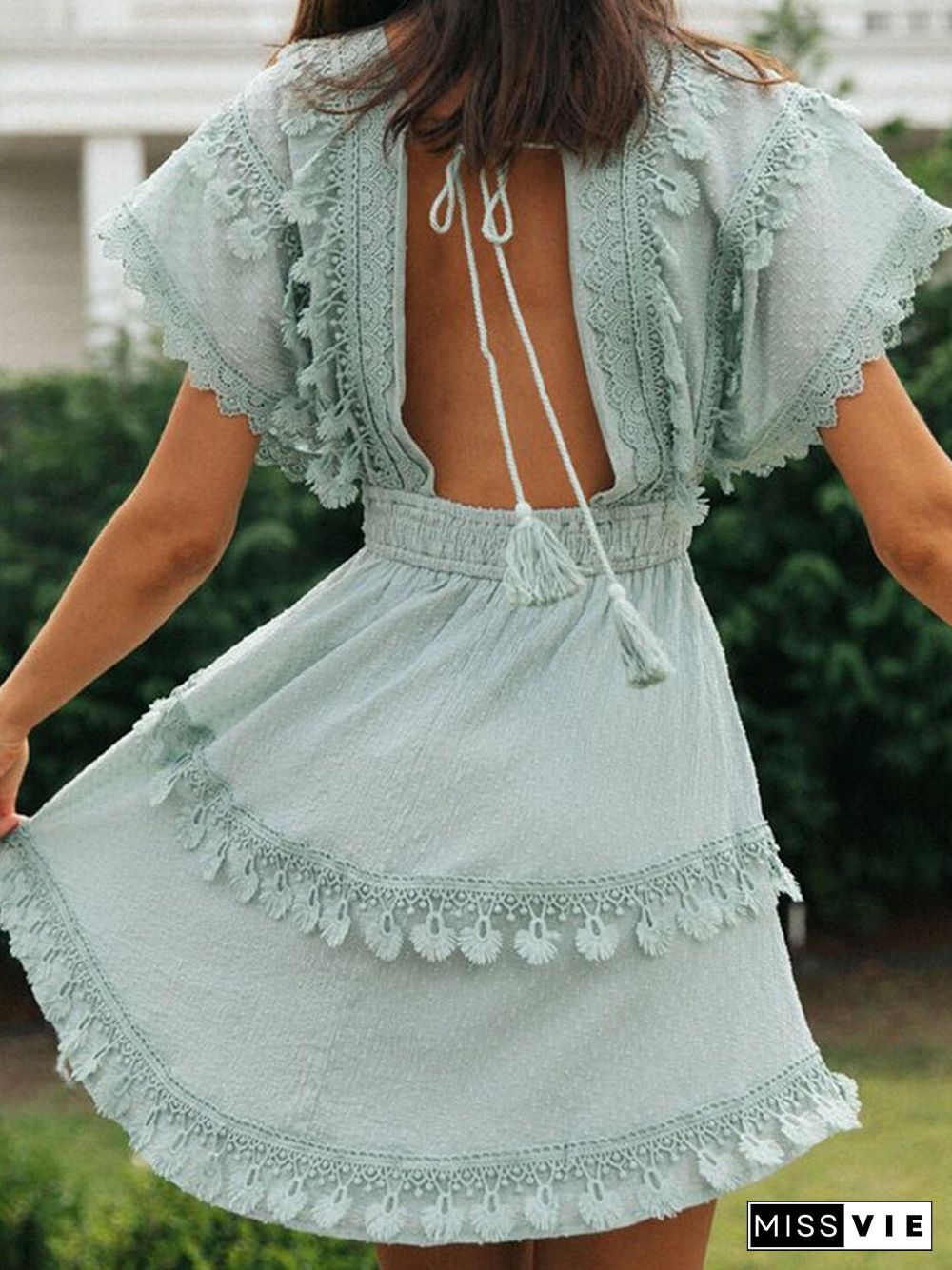 Women's Dress Solid Lace Fringe Mini Dress P16416