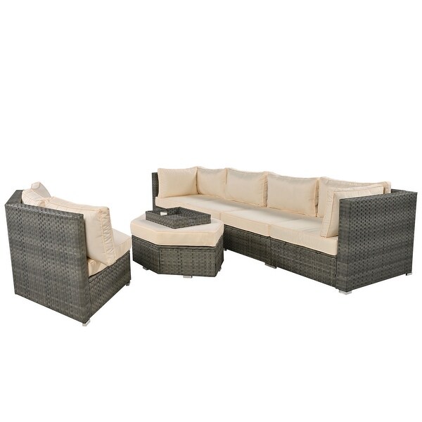 Roomfitters 6 Piece Outdoor Conversation Set，AllWeather Wicker Sectional Sofa with Ottoman，Cushions，Small Trays，Gray