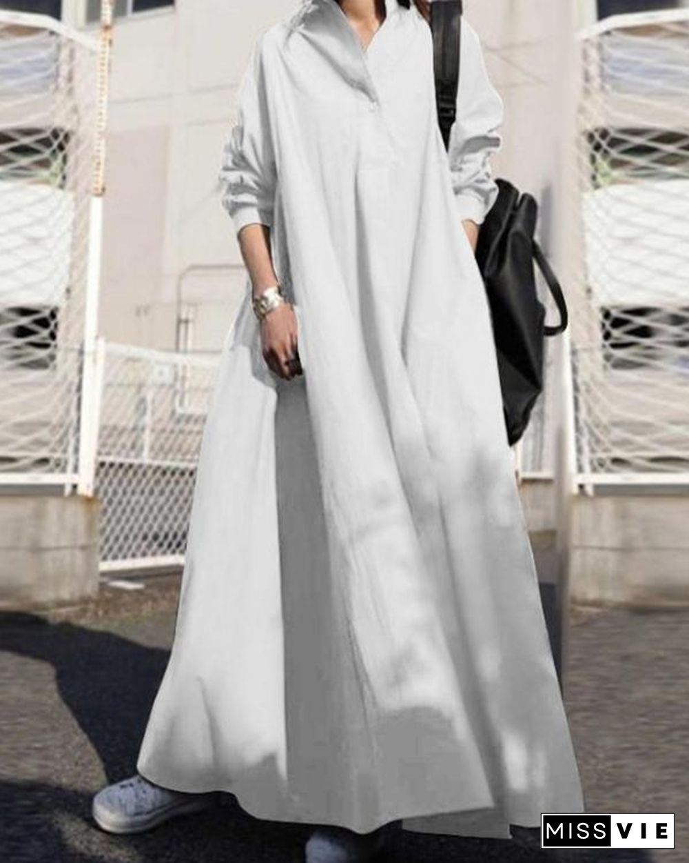 Solid Shirt Collar Loose Fit Big Hem Long Sleeve Maxi Dress