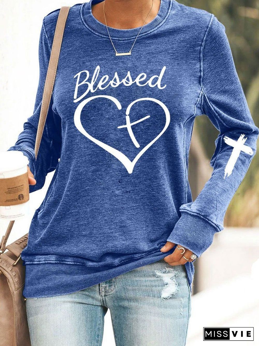 Women's Blessed Love Heart Print Casual Sweatshirt