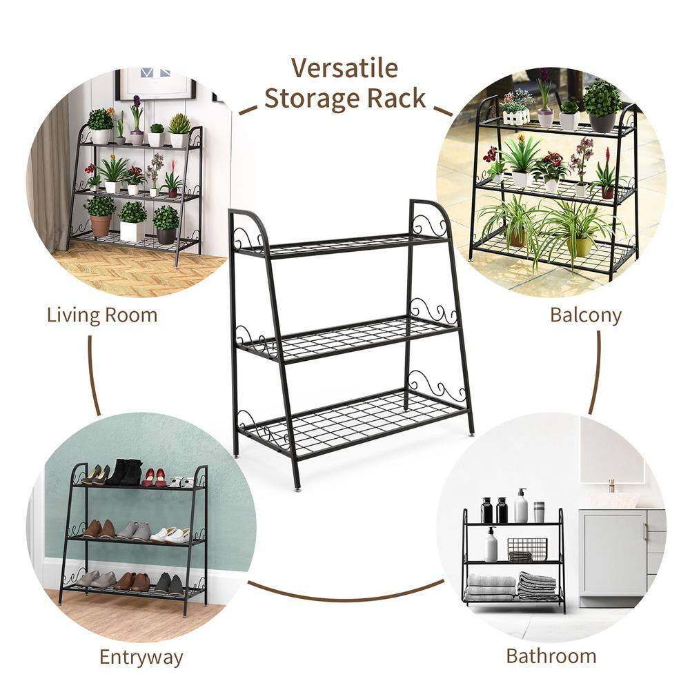 Costway 13 in. Tall Indoor/Outdoor Steel Corner Black Metal Plant Stand (3-Tiered) GT3526