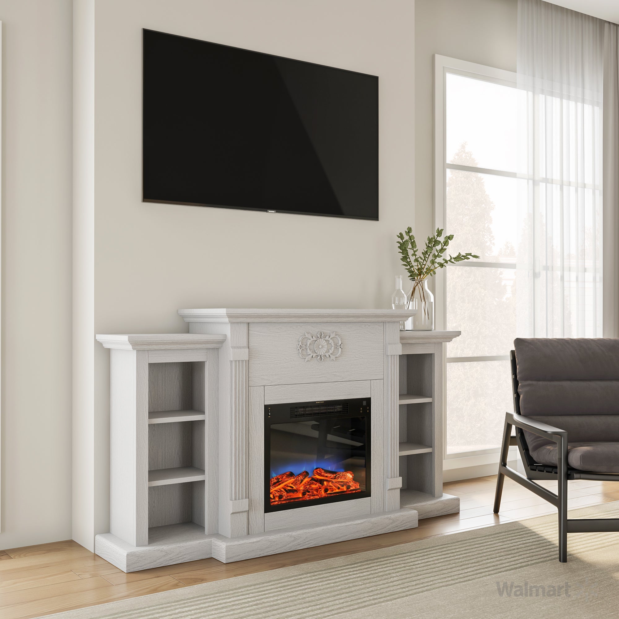 Cambridge Sanoma 72'' Electric Multi-Color LED Fireplace with Charred Log Insert | For Rooms up to 210 Sq.Ft | Remote | White Mantel | Adjustable Heat Settings | Storage | Timer