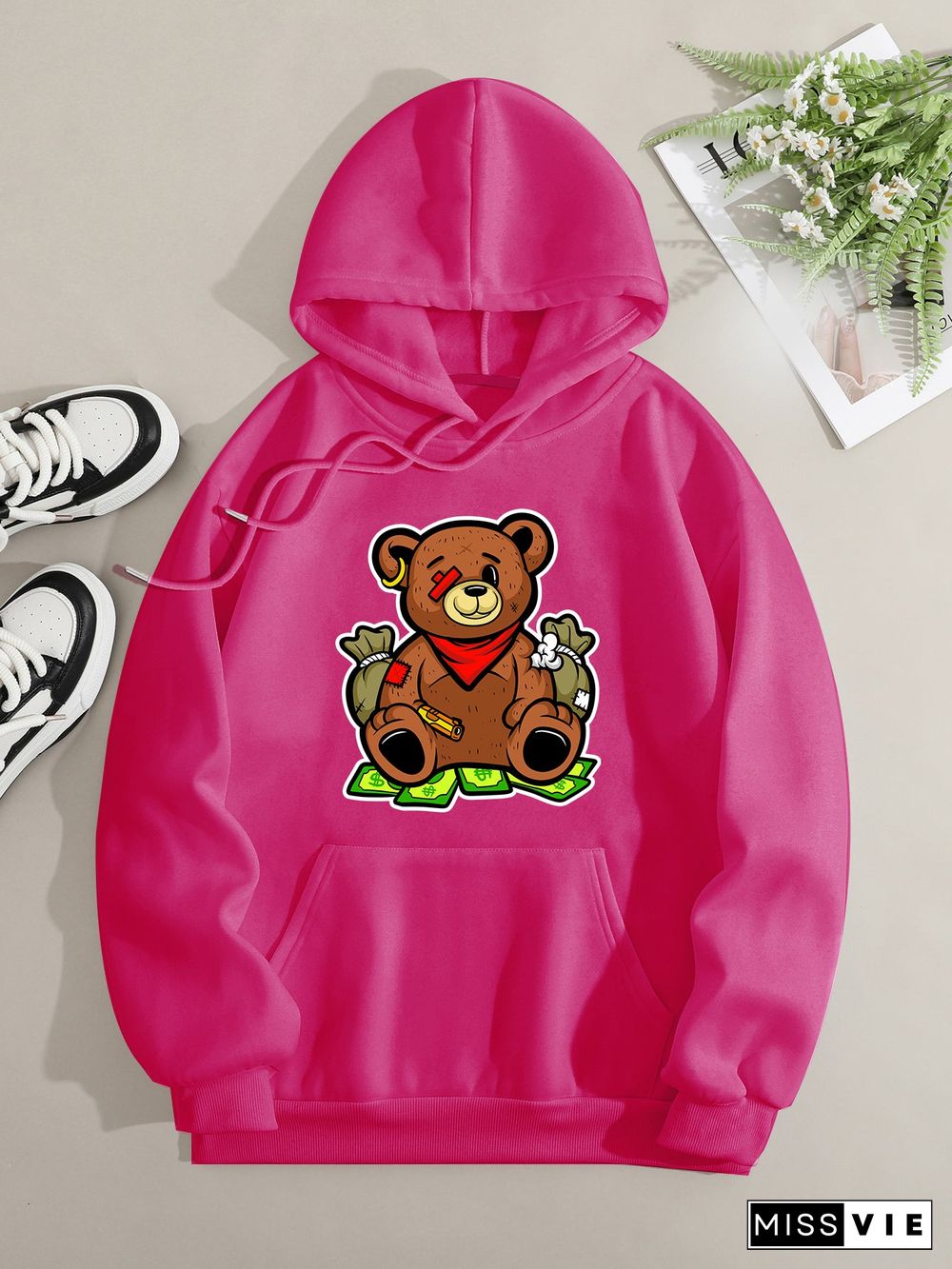 Printed on front Kangaroo Pocket Hoodie Long Sleeve for Women Pattern One-eyed bear and US dollar