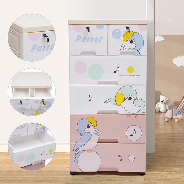 Plastic Drawers Dresser with Parrot Pattern， Storage Cabinet with 6 Drawers， Closet Drawers Tall Dresser Organizer for Clothes - - 37668338