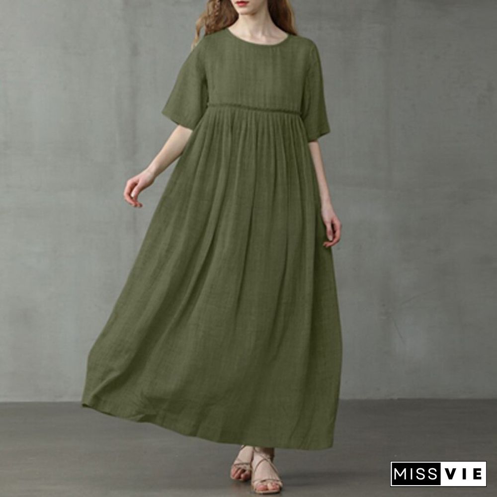 Casual Short Sleeve O Neck Loose Dress Women Summer Solid Color Cotton Linen Big Hem Dress Simple Commuter Ladies Pocket Dresses