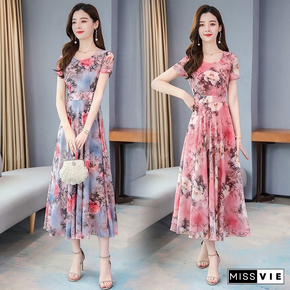 Ice Silk Long Skirt Summer Temperament Flower Long Skirt Retro Elegant Dress