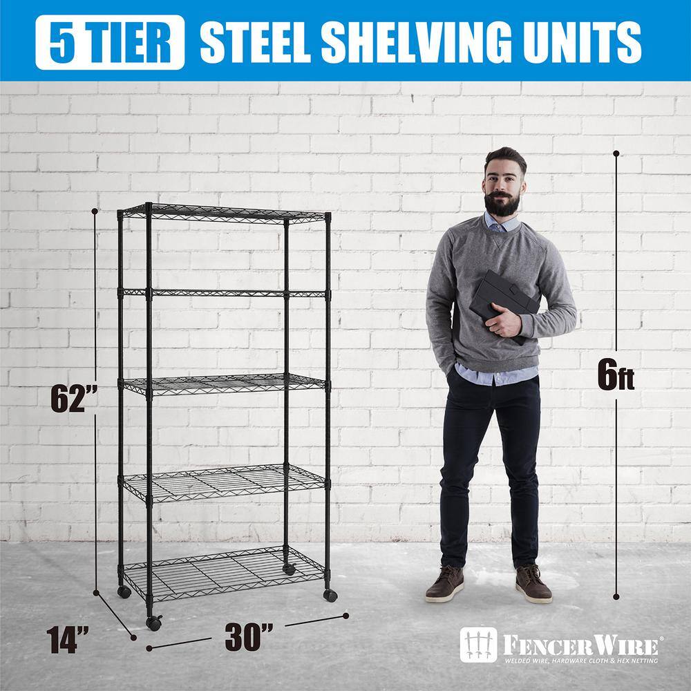 Fencer Wire Black 5-Tier Metal Garage Storage Shelving Unit with Leveling Feet and Wheels (30 in. W x 14 in. D x 62 in. H) RWW-CH30145WBK