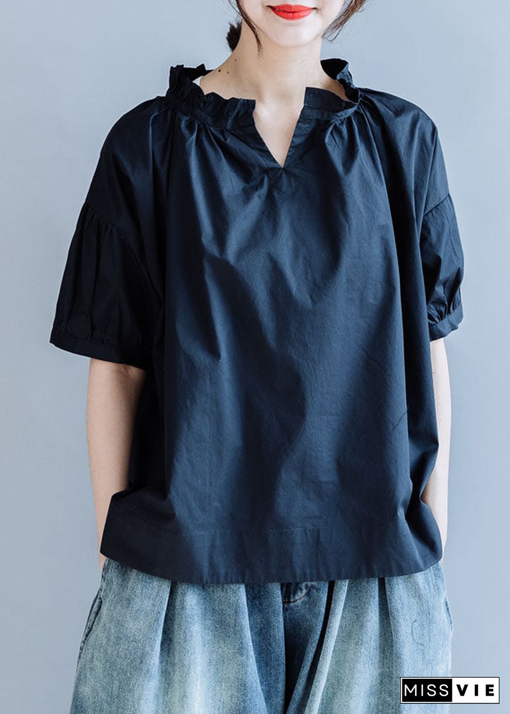 Loose Navy Ruffled Solid Color Cotton Shirt Tops Short Sleeve