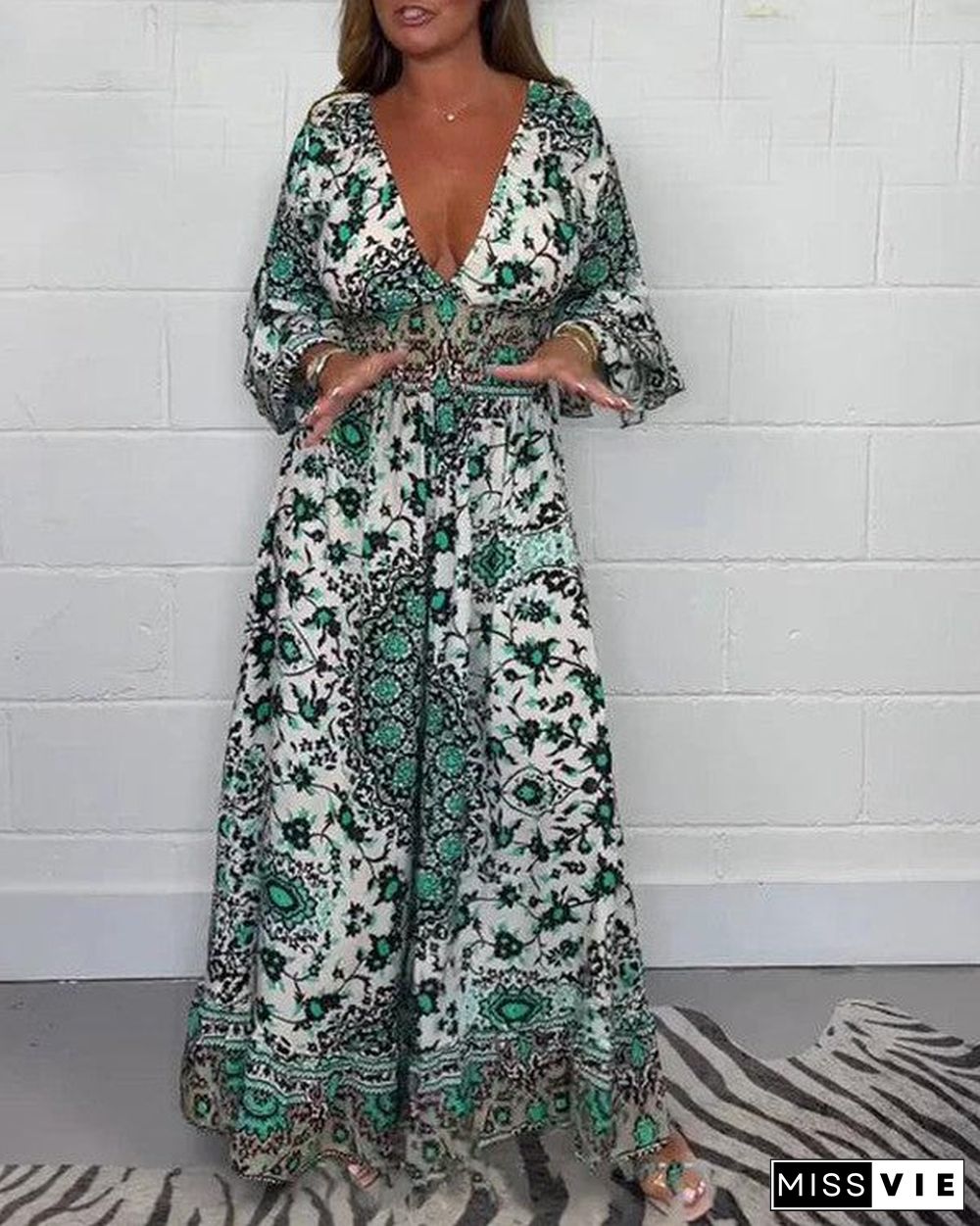 Green Paisley Long Sleeve Jumpsuit