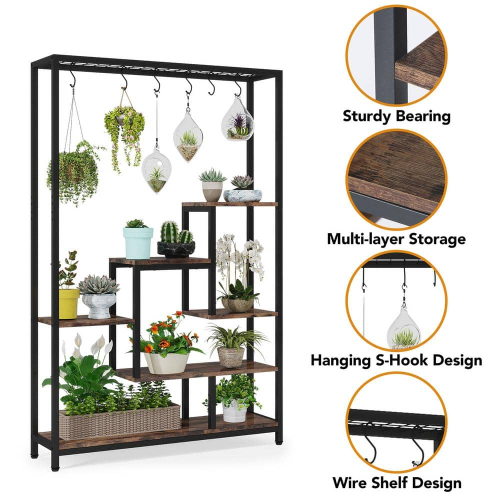 BYBLIGHT Wellston 70.86 in. Brown 5-Tier Wooden Indoor Plant Stand， Tall Flower Rack with 10-Hook BB-JW0254GX