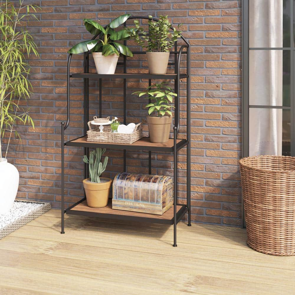 TK CLASSICS 3-Tier Outdoor Folding Metal Plant Stand with Acacia Shelves PS78063-QK691