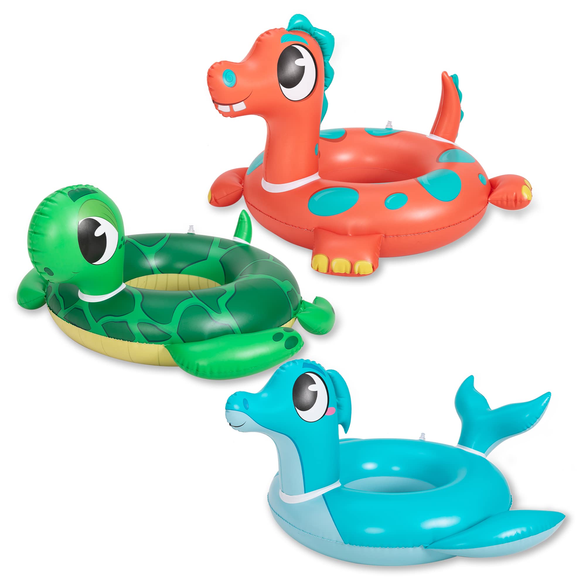 JOYIN 32" 3 Pack Inflatable Pool Tubes Pool Floats, Dinosaur & Sea Turtle & Dolphin Swimming Rings for Kids Swimming Pool Beach Summer Water Float Party Outdoor