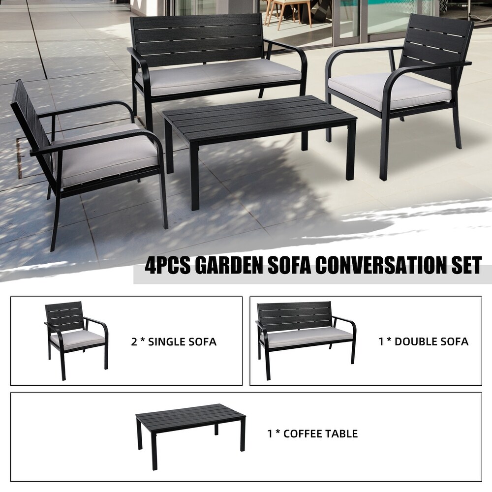 4 PCS Outdoor Patio Chairs Set with Coffee Table  Outdoor Furniture Set with High Density PE and Heavy duty Steel Frame