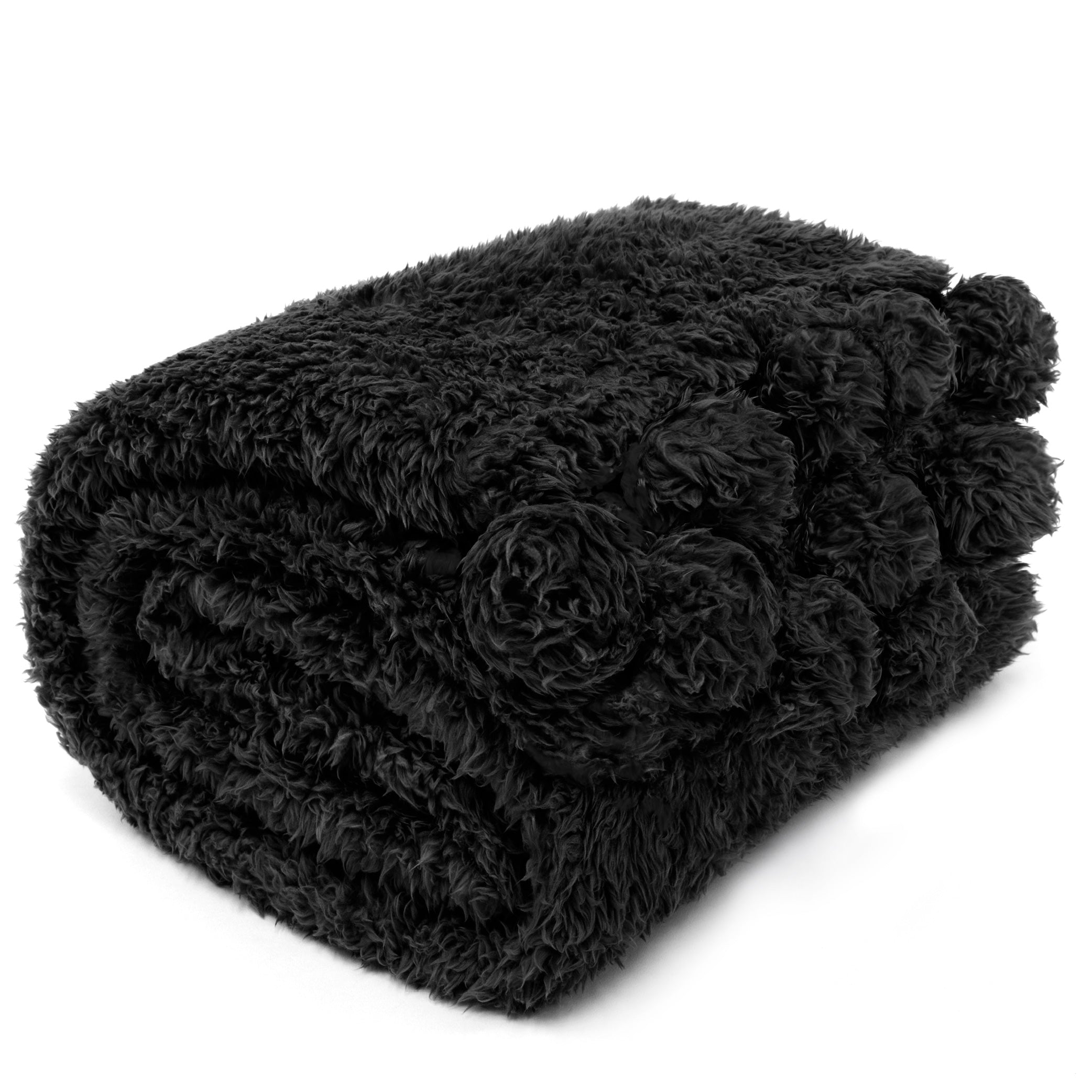 PAVILIA Black Sherpa Throw Blanket for Couch， Pom Pom | Fluffy Plush Soft Blanket for Sofa Bed | Shaggy Warm Fuzzy Fleece Blanket | Cozy Decorative Black Pompom Throw， 50x60