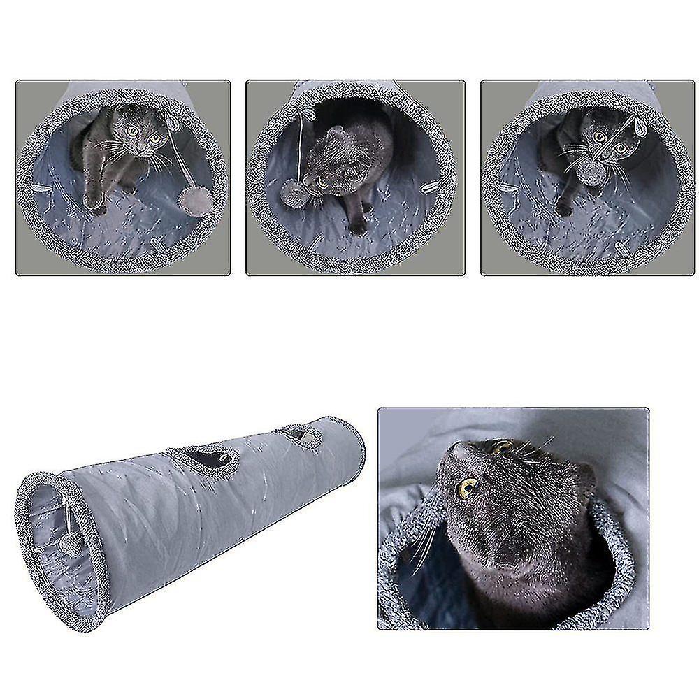 Cat Tunnel Foldable Cat Toy Crinkle Tunnel For All Cats And Small Animals 2 Caves Gray Suede 130 X 3