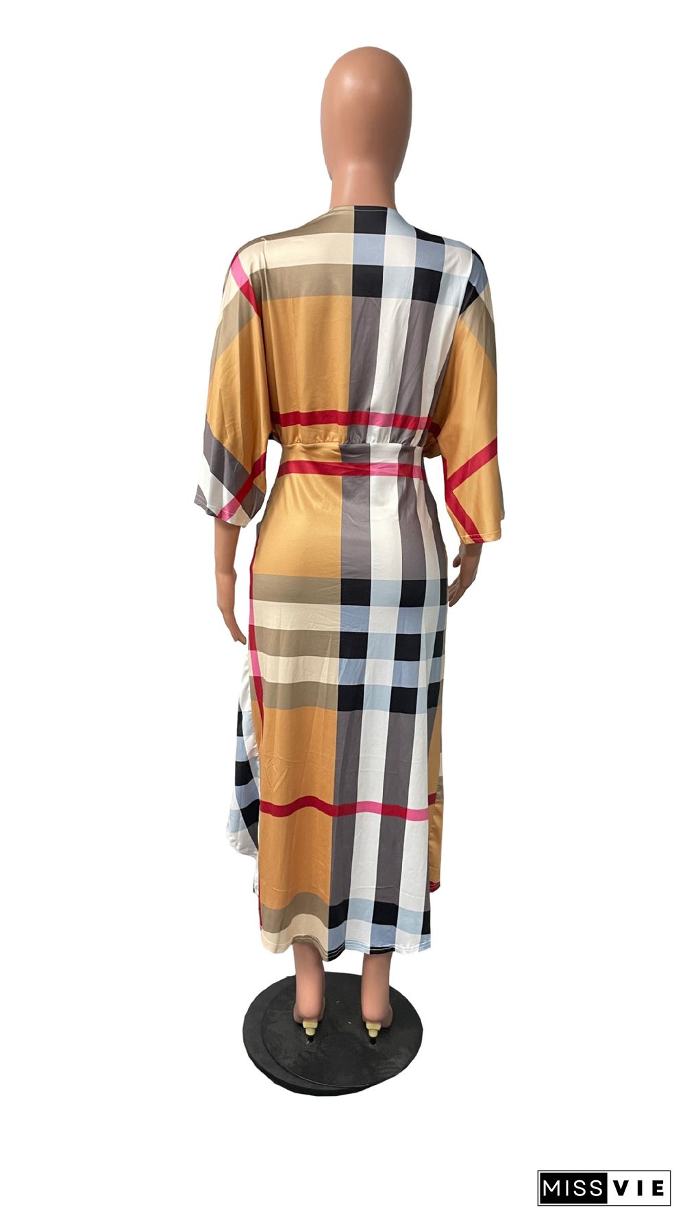 Classic Plaid Deep V Ruched Slit Midi Dresses