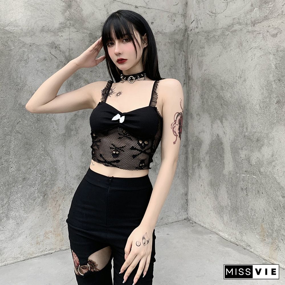 Sexy Mesh Patchwork Transparant Back Body Crop Top Women Sleeveless Clubwear Gothic Style Skull Graphic Embroidery Black Camis