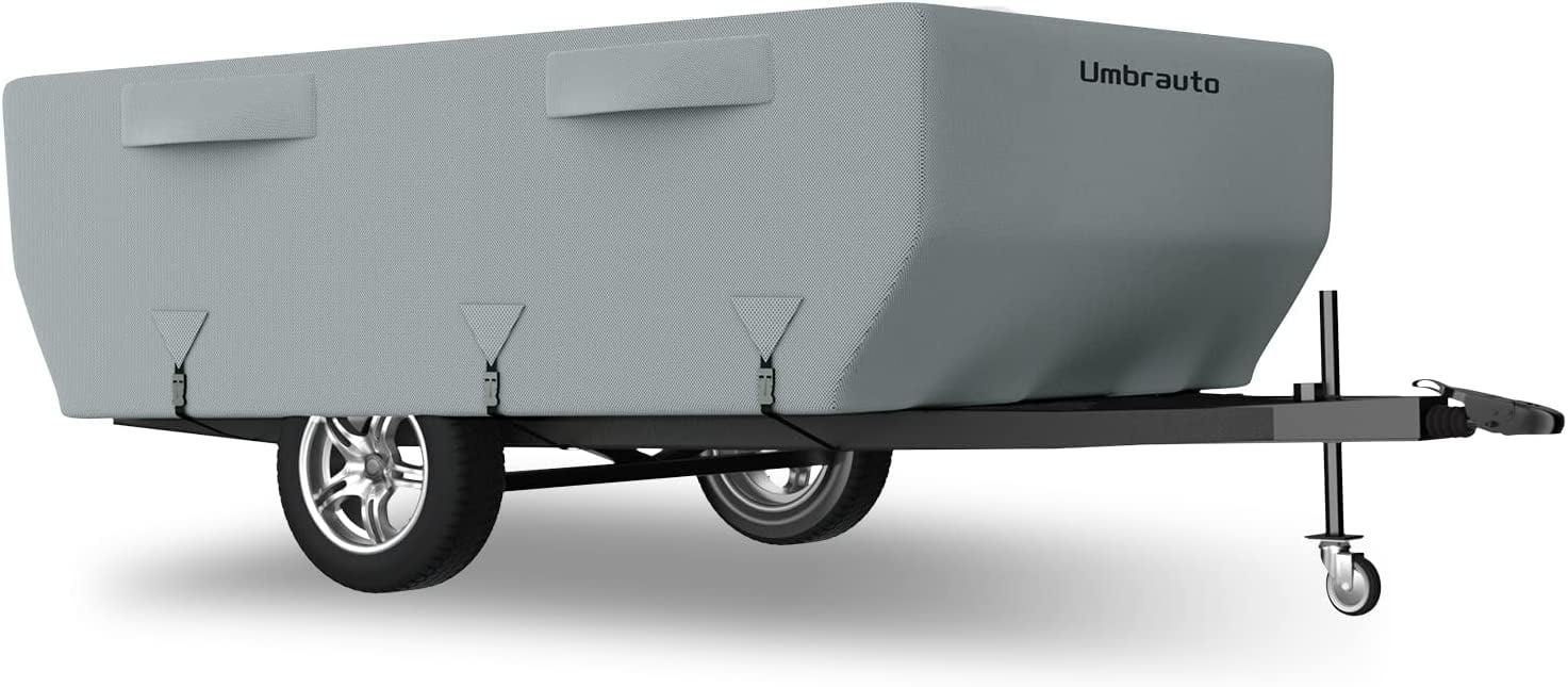 Umbrauto Travel Trailer Cover 2023 Upgraded 6 Layers Top Pop Up Camper Covers Waterproof Extra Thick Polypropylene Breathable Ripstop Anti-UV Pop Up Folding Trailer Cover Fits 12' - 14' Trailers， Gray