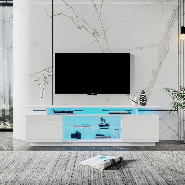 70''L Modern 2 Door TV Stand with 1 Glass ShelfandOpen Storage for Living Room Bedroom Media Console Entertainment Center