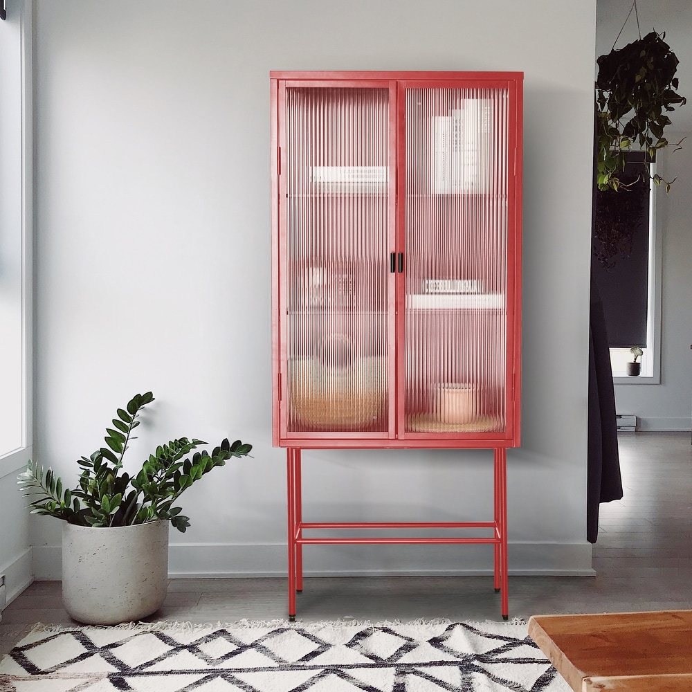 Retro Style Glass High Cabinet with Three Wide Enclosed Shelves