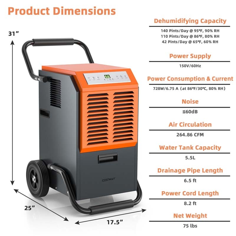 Canada Only - Portable Commercial Dehumidifier with Water Tank & Drainage Pipe