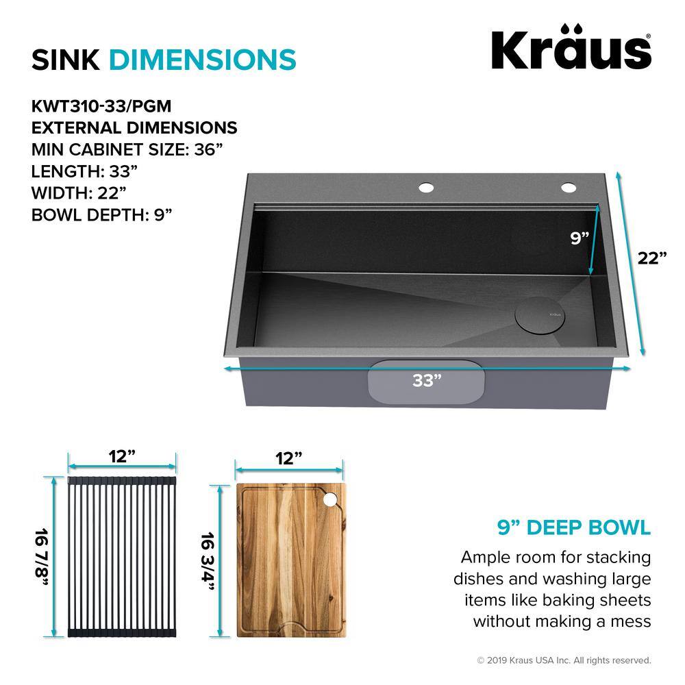 KRAUS Kore 16-Gauge Black Stainless Steel 33 in. Single Bowl Drop-In Workstation Kitchen Sink with Accessories KWT310-33PGM