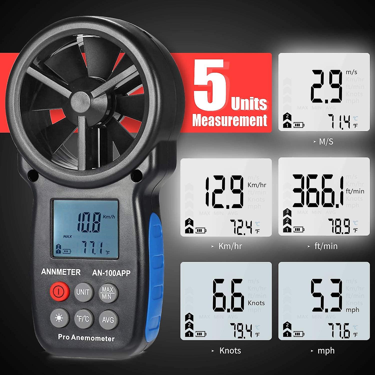 Digital Anemometerhandheld   Speed Meter Flow Gauge Measures   Velocity Temperature For Hvac Cfm   Er With    Ll Backlight