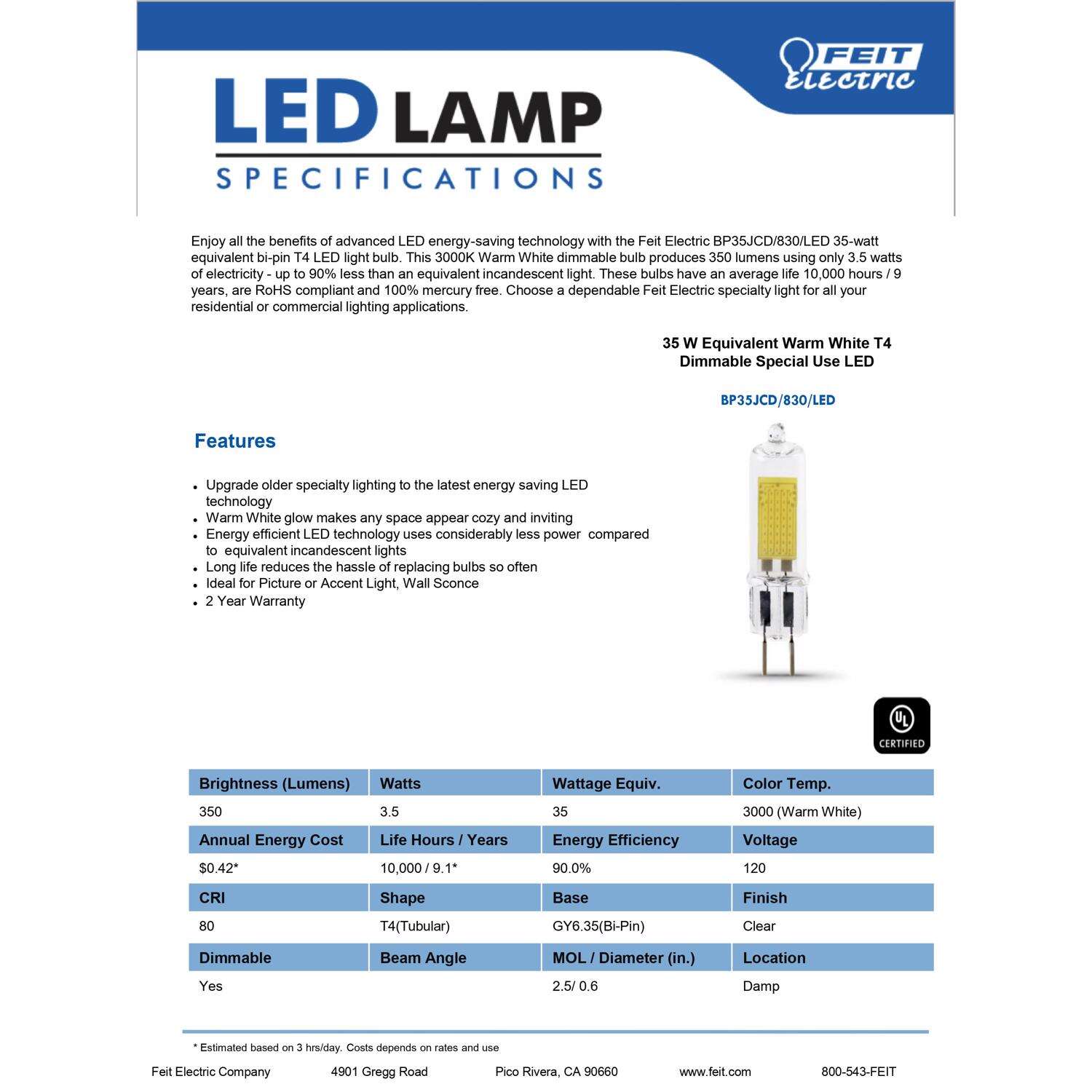 Feit LED Specialty T4 GY6.35 LED Bulb Warm White 35 Watt Equivalence 1 pk