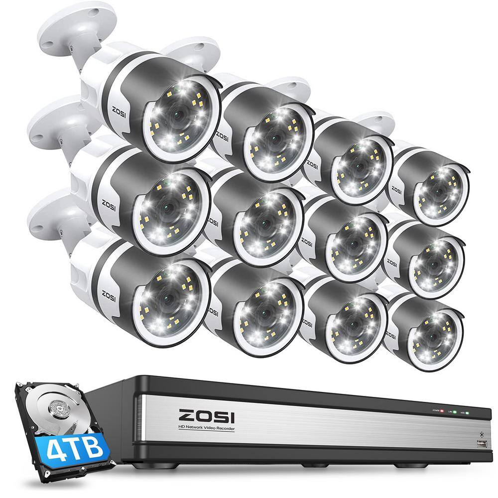 ZOSI 4K 16-Channel POE 4TB NVR Security Camera System with 12-Wired 5MP Outdoor Spotlight Cameras 2-Way Audio 16SK-1905W12-40-US-A2