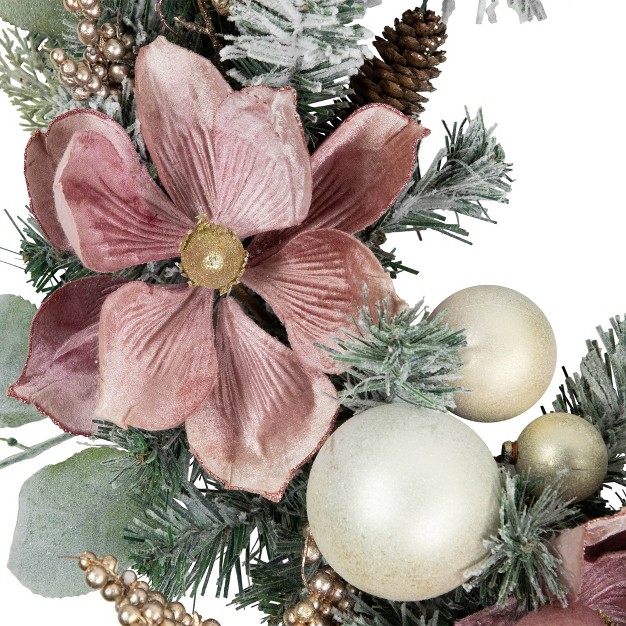 Northlight Pink Floral And Ball Ornament Frosted Pine Artificial Christmas Wreath 24 inch Unlit