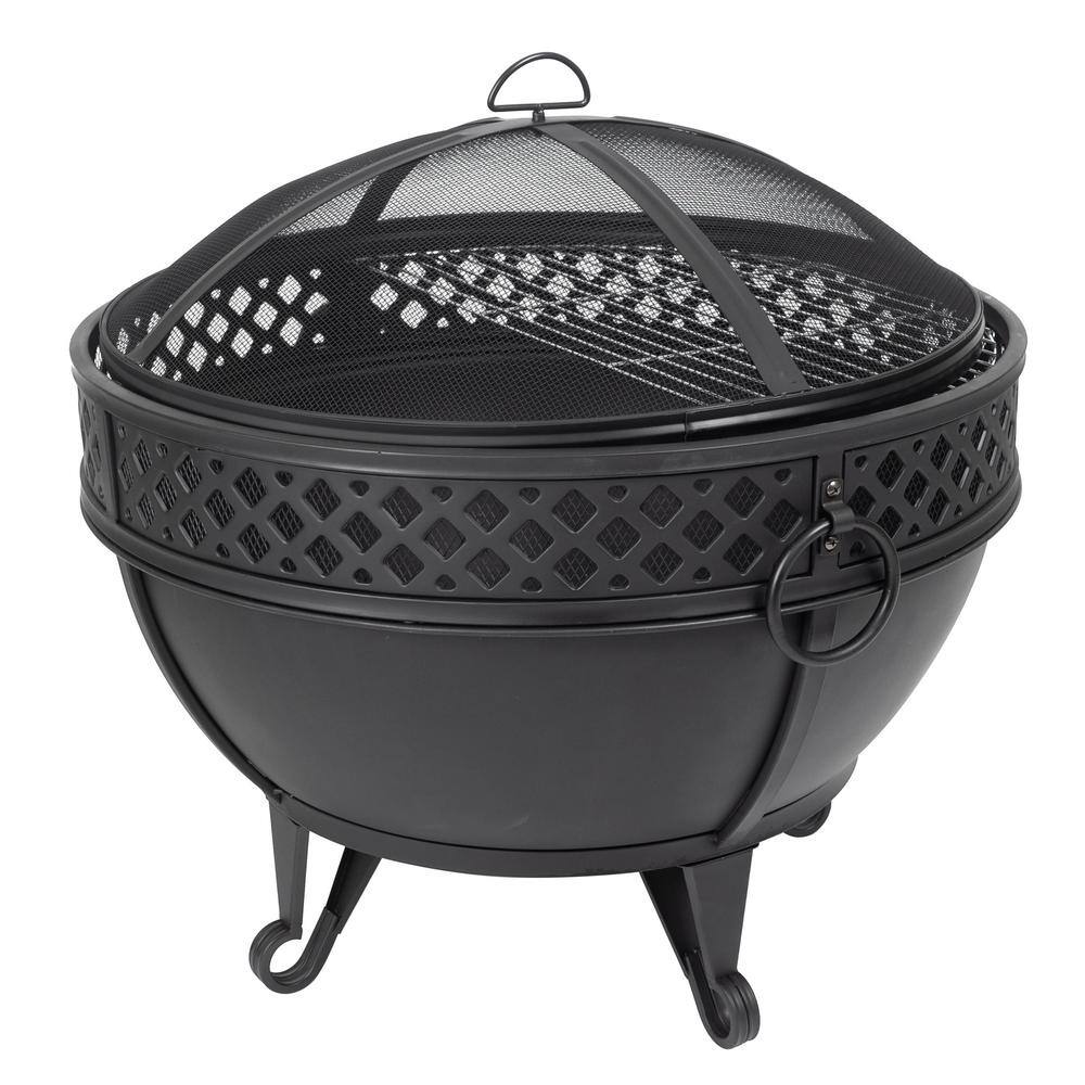 Pleasant Hearth Gable 28 in. W x 25.5 in. H Round Steel Wood Burning Black Fire Pit with Poker OFW003R