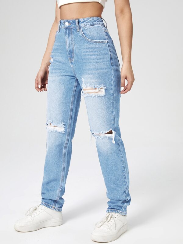 Washed Ripped Mom Jeans