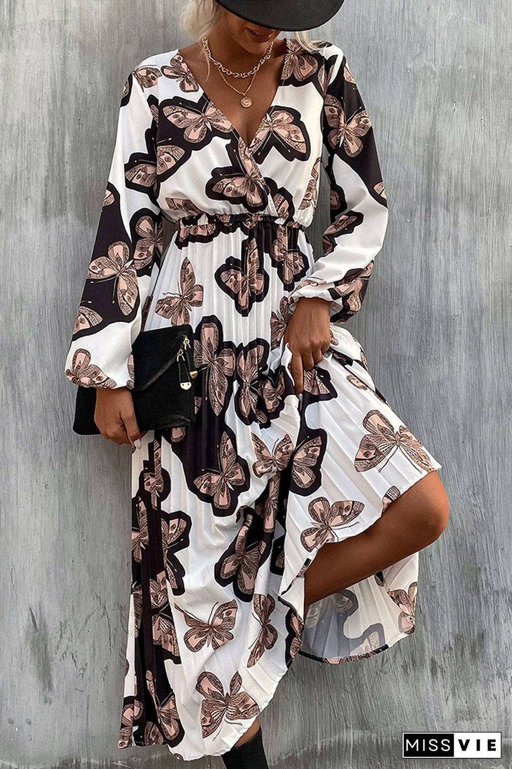 Surplice V Neck High Waist Butterfly Print Pleated Maxi Dress