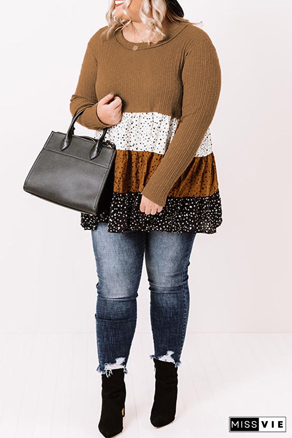 Plus Size Knit Dotted Print Tiered Top with Ruffle