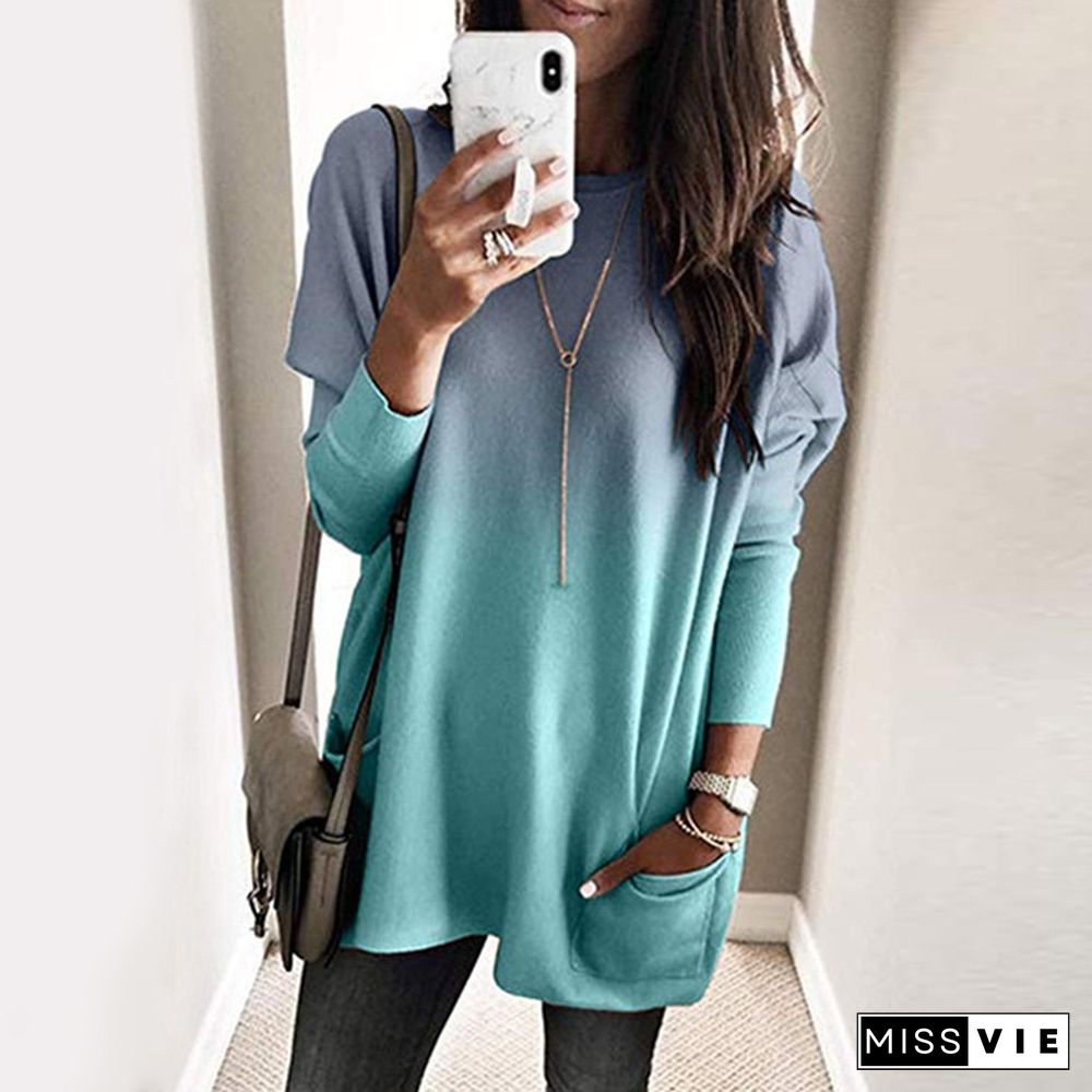 Women's Casual Long Sleeves Round Neck Pocketed T-shirts Loose Gradient Sweatshirt TunicTops Plus Size XS-5XL