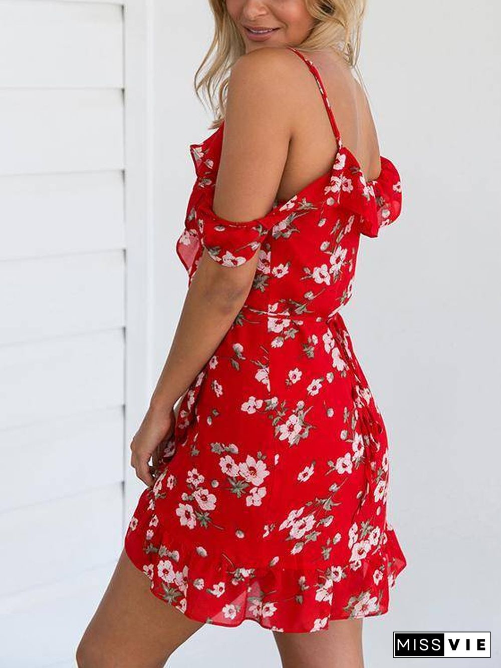 Red Floral Print V Neck Ruffle Cold Shoulder Mini Dress