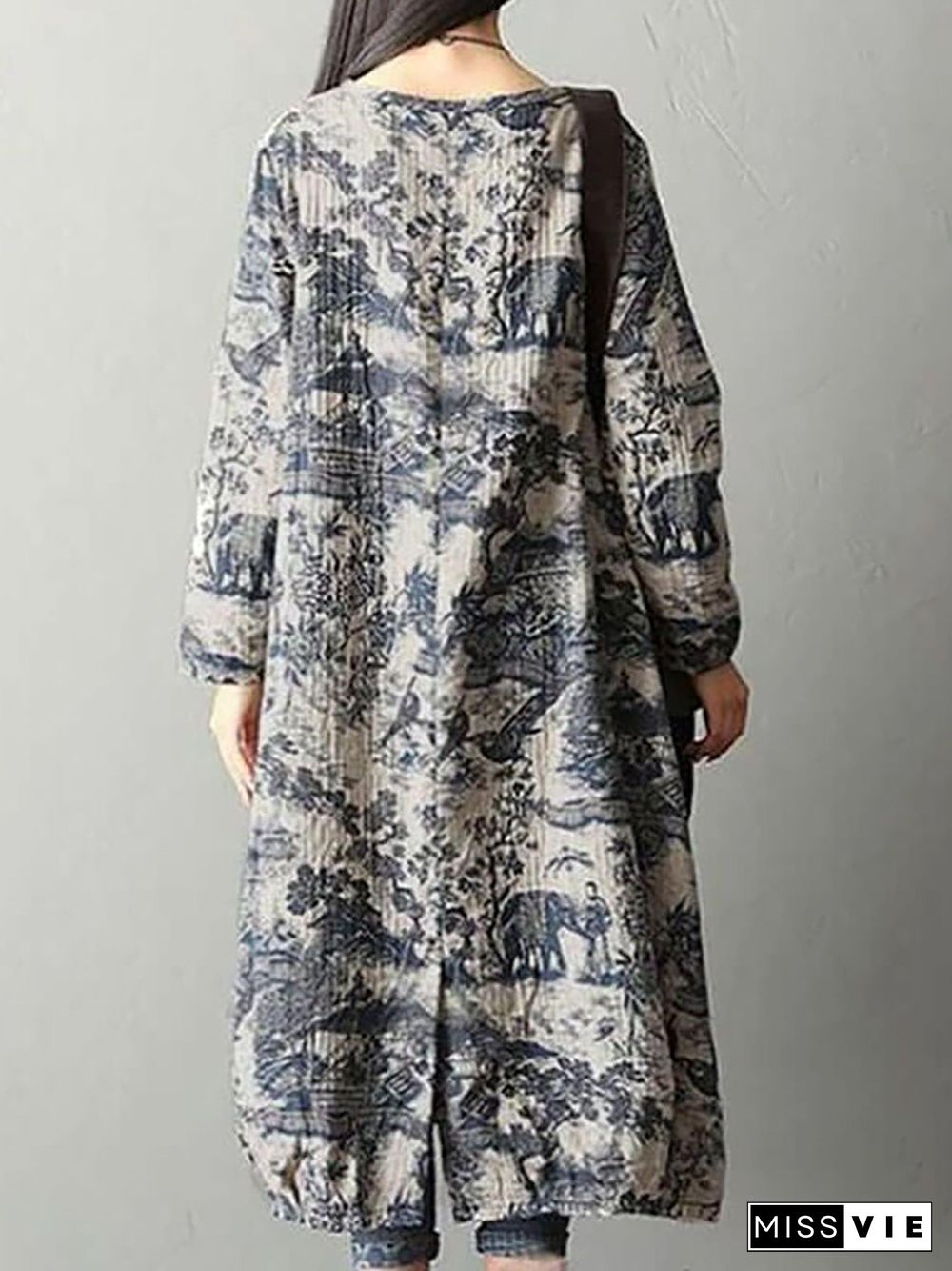 Women's Plus Size Floral Cotton Vintage Casual Loose Printing Maxi Dress