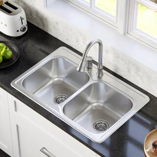 Karran PT35 18-Gauge Stainless Steel 33 in. Double Bowl Drop-In Kitchen Sink Kit PT35-PK1