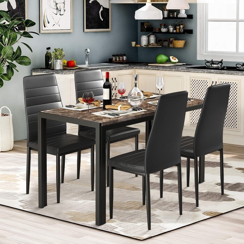 Mieres Modern Faux Marble 5 Pieces Kitchen Dining Set  Home Bar Dining Table Set with Upholstered PU Leather Chairs