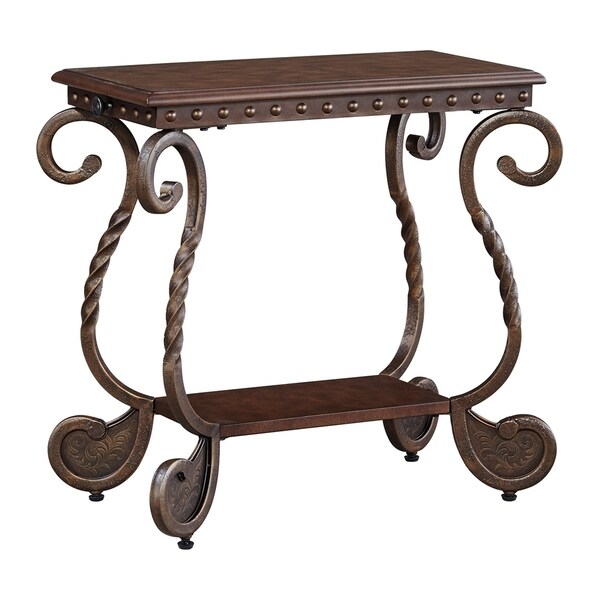 Chair Side End Table with Nailhead Trim Top and Scrolled Base， Brown