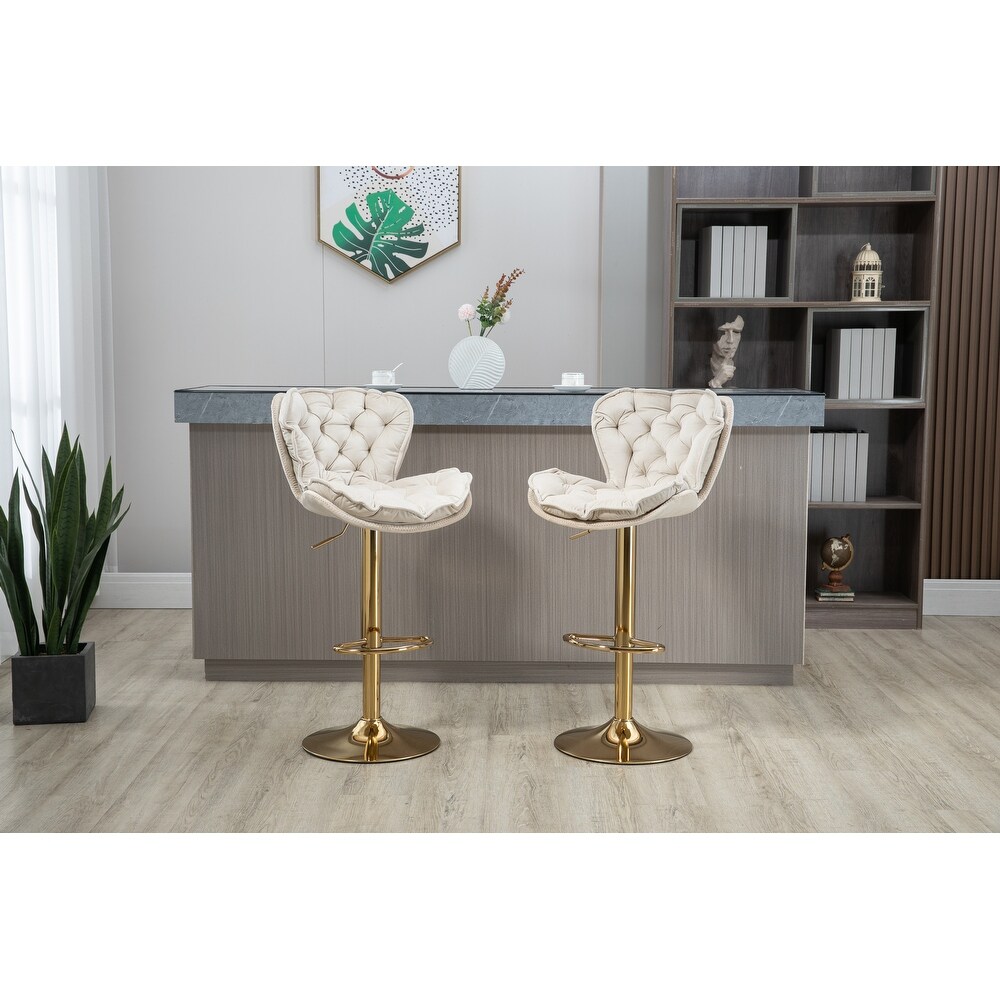 Modern Swivel Bar Stools  Set of 2  Adjustable Counter Height Velvet Upholstered Tufted Bar Stools with Back   Footrest  Ivory