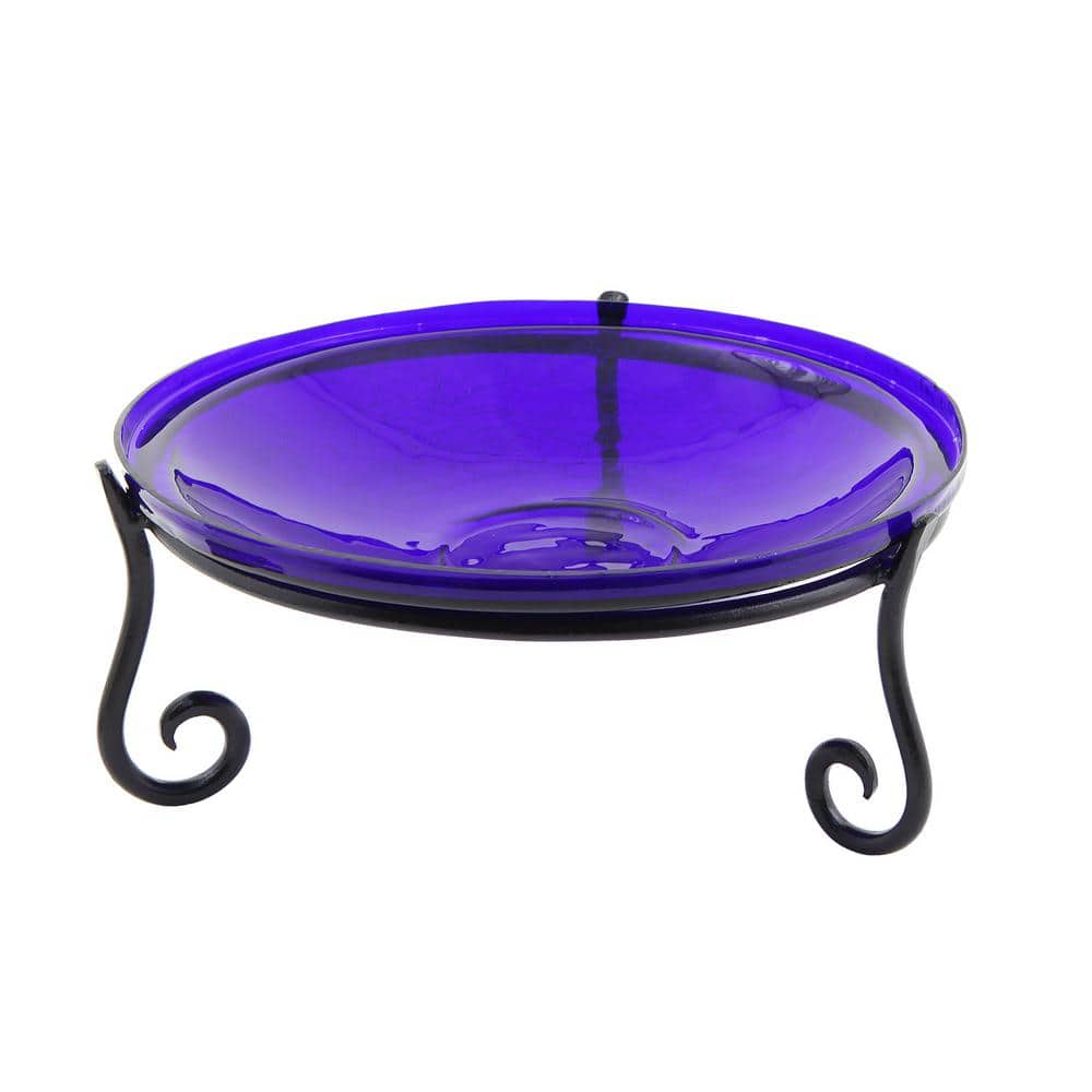 Achla Designs 14 in. Dia Cobalt Blue Reflective Crackle Glass Birdbath Bowl with Short Stand II CGB-14CB-S2