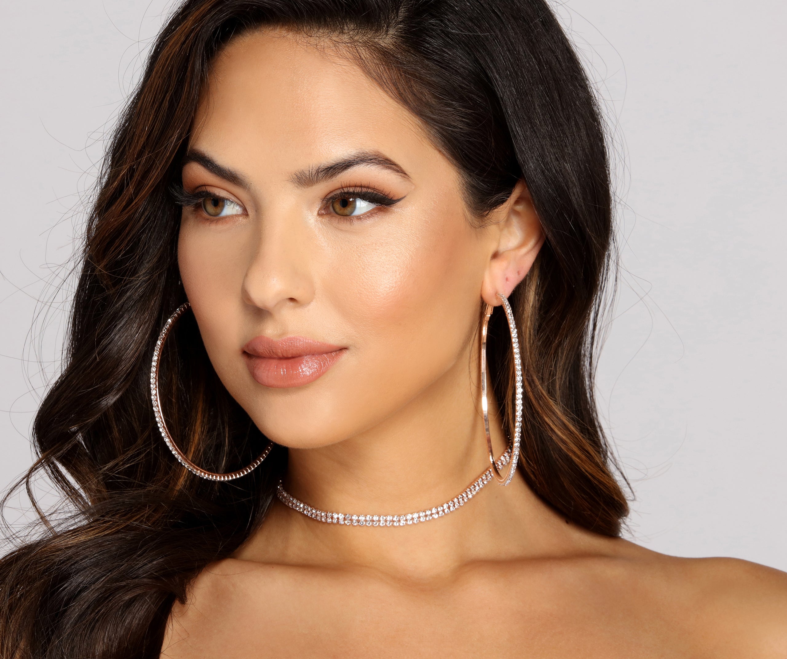 Rhinestone Choker + Hoop Earring Set