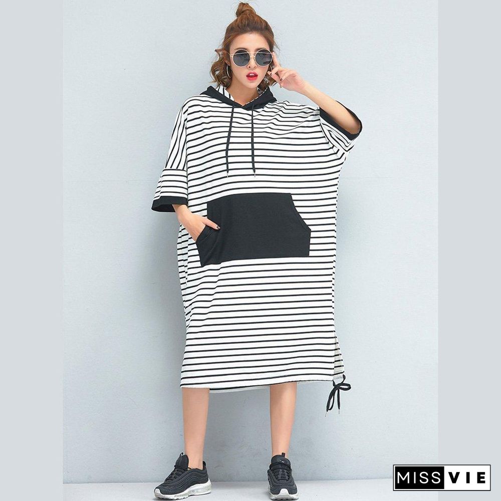 Brand Oversized Women Clothing Loose Casual Cotton Striped Dress