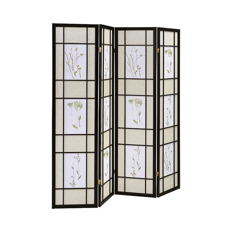 4 Panel Screen with Floral Print Detailing and Wooden Frame， Black