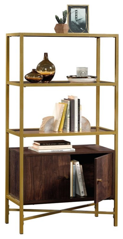 Sauder Harper Heights 3 Glass Shelf Bookcase in Rich Walnut and Gold   Contemporary   Bookcases   by Homesquare  Houzz