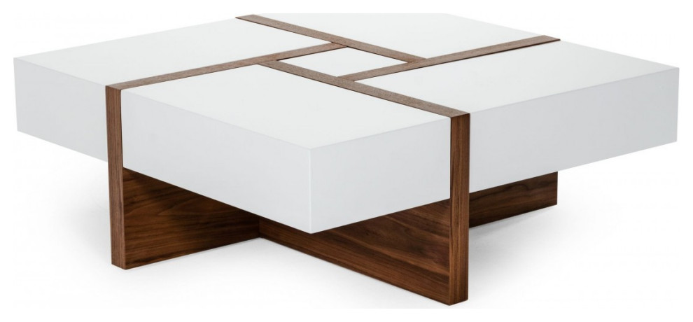 Modern White and Walnut Square Coffee Table with Storage   Transitional   Coffee Tables   by HomeRoots  Houzz