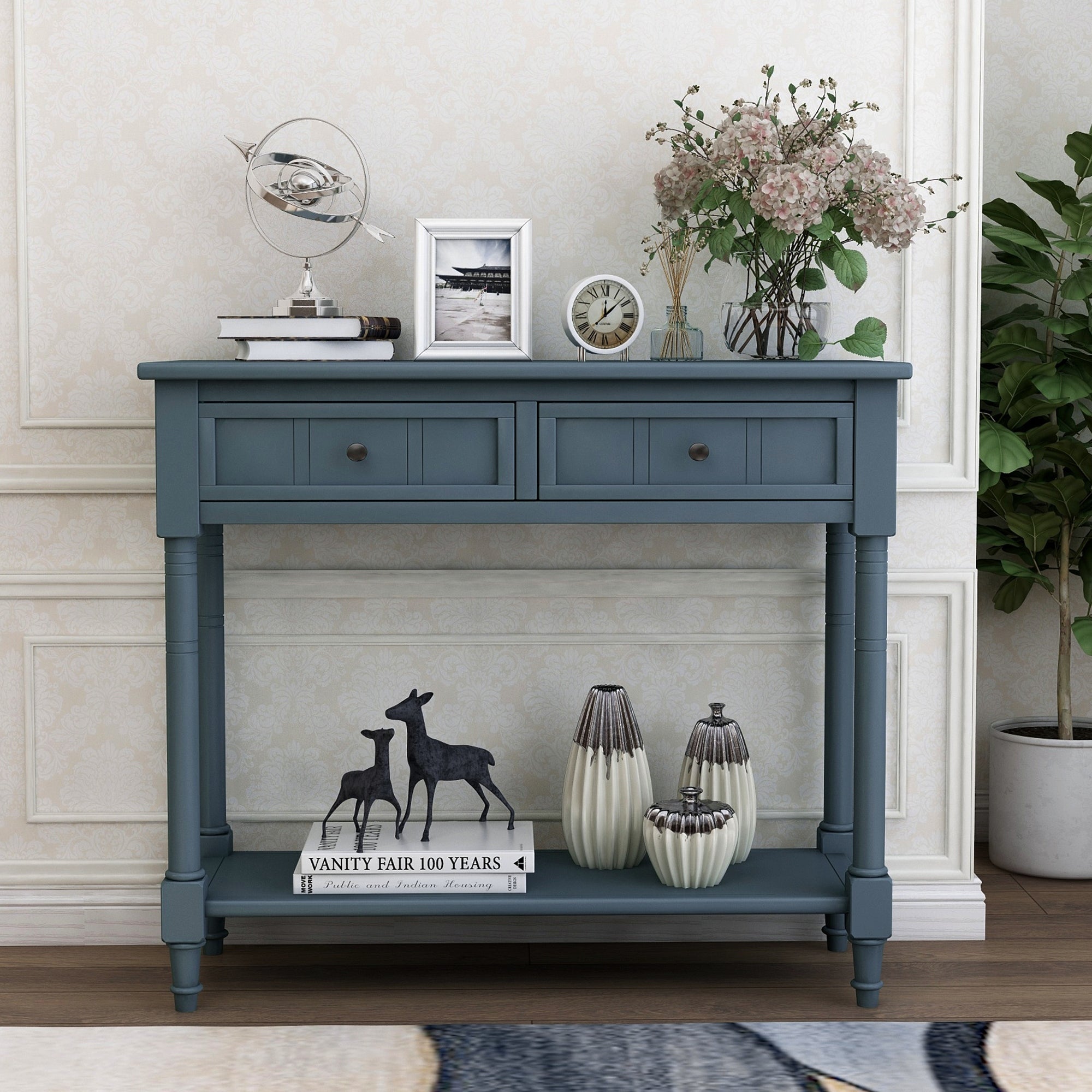 Console Table with 2 Drawers and Bottom Shelf Acacia Mangiu， Navy